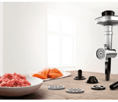 Bosch MUM9 (OptiMUM) géphez Húsfeldolgozó készlet (húsdaráló, kolbásztőltő 3db lyuktárcsa, kebbetöltő)